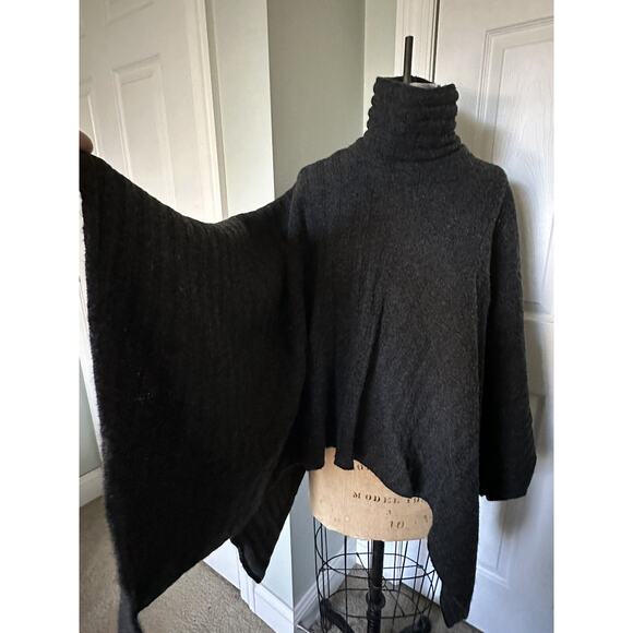 ALEXANDRA BARTLETT 100% Wool Turtleneck Sweater Poncho Top Dark Gray Charcoal - Picture 5 of 16